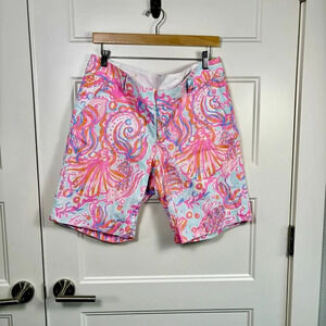 Lilly Pulitzer Shorts Womens 10 The Chipper Pink/Light‎ Blue Fish Cotton 10"